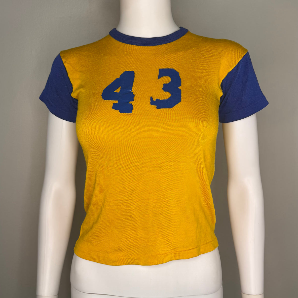 1960s/70s Kids’ Yellow and Blue Durene Jersey T-Shirt Youth Medium, No 43, Distressed