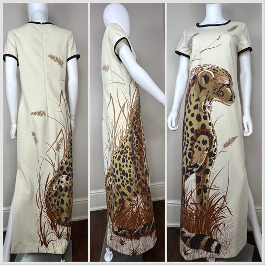 1970s Giant Cheetah Wrap Around Print Maxi Dress, Alfred Shaheen Size Medium