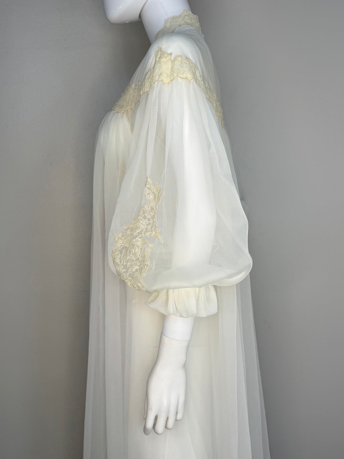 1950s Full Length Peignoir Set with Full Sweep, Sheer Off White Nylon with Cream Lace and Pink Ribbon, Yolande Size 32, XS, Night Gown and Robe, Bridal Lingerie