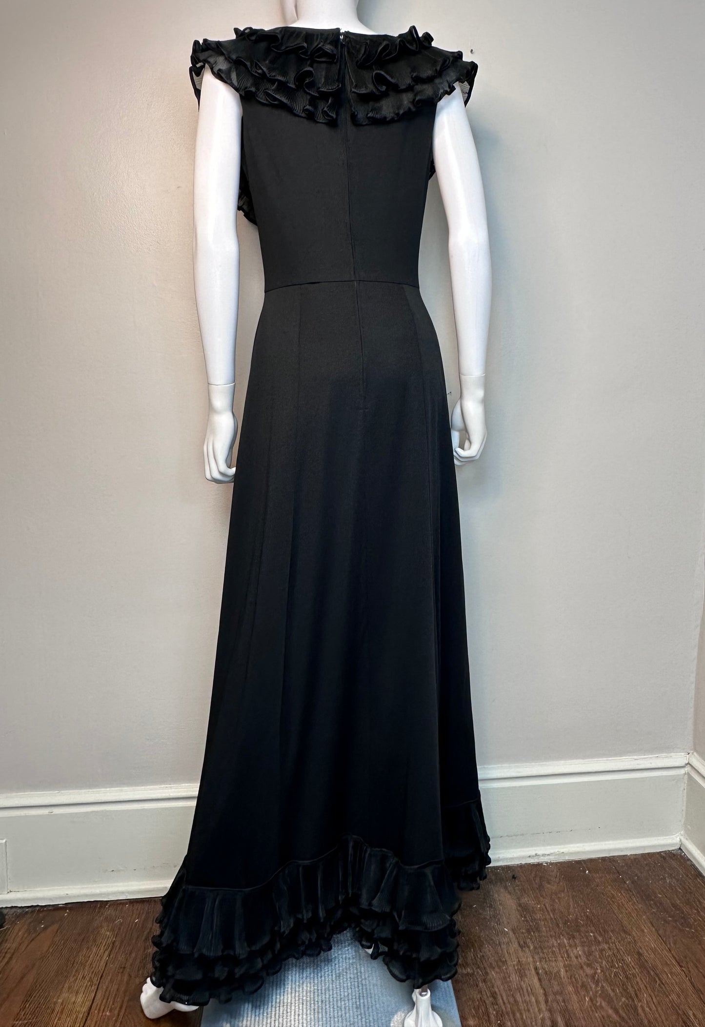 1970s Black Maxi Dress with Ruffle Neck, Jack Hartley Size Medium