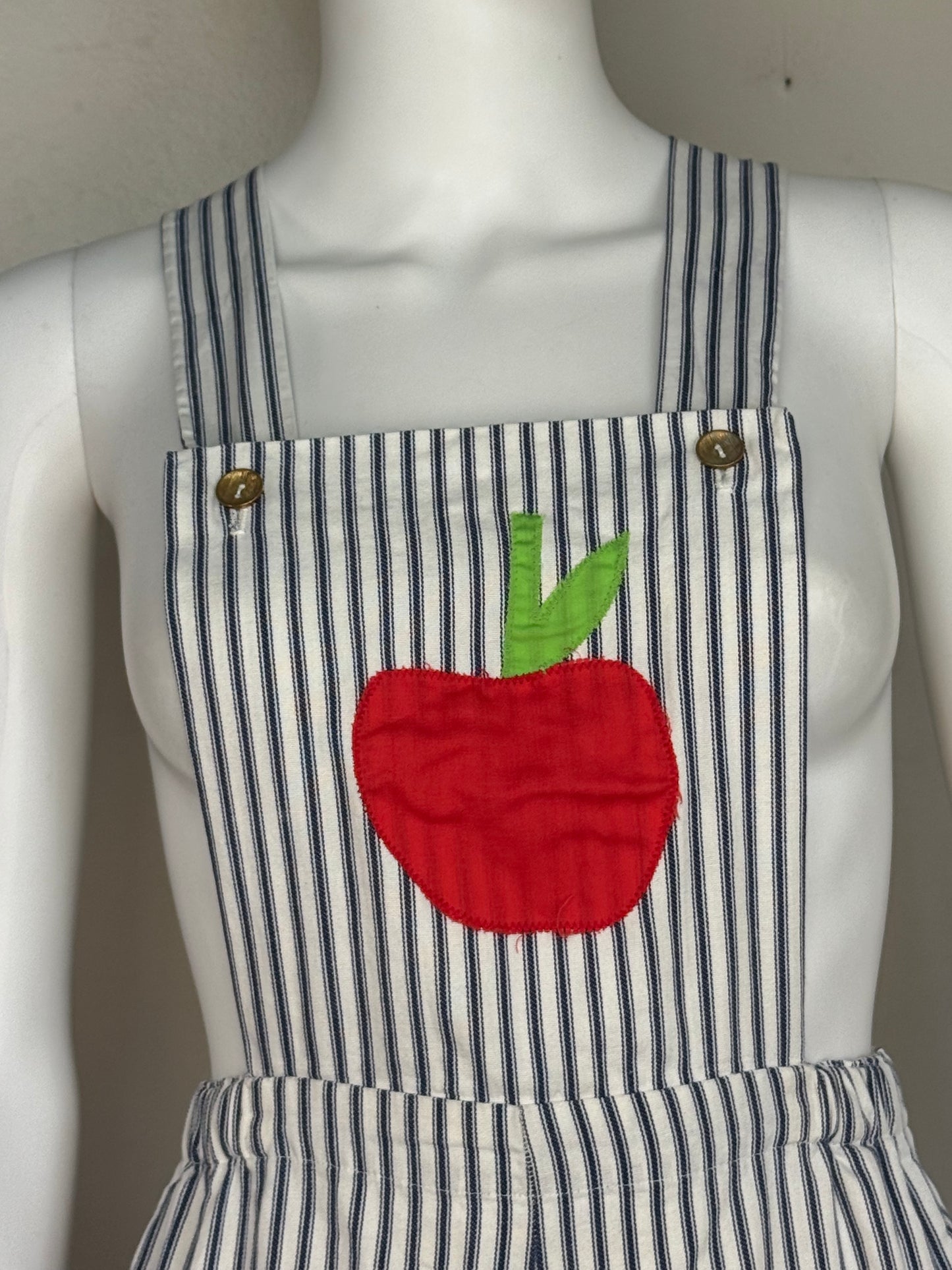 1970s Striped Low Back Overall Shorts with Apple Appliqué, Shortalls, Size X-Small