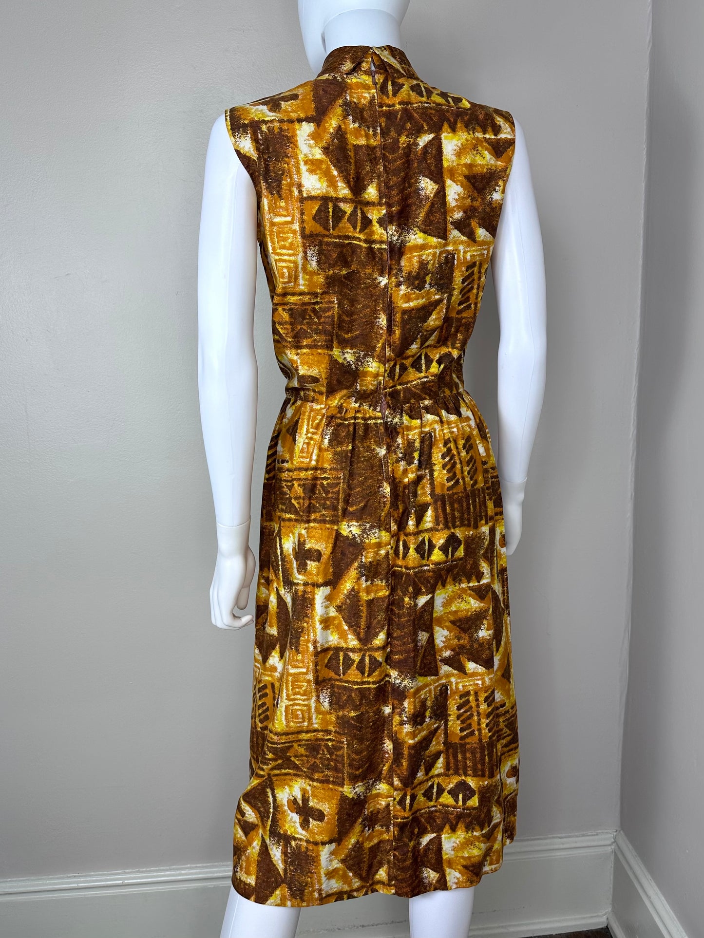 1960s Yellow Tiki Print Dress with Huge Neck Bow Size XS