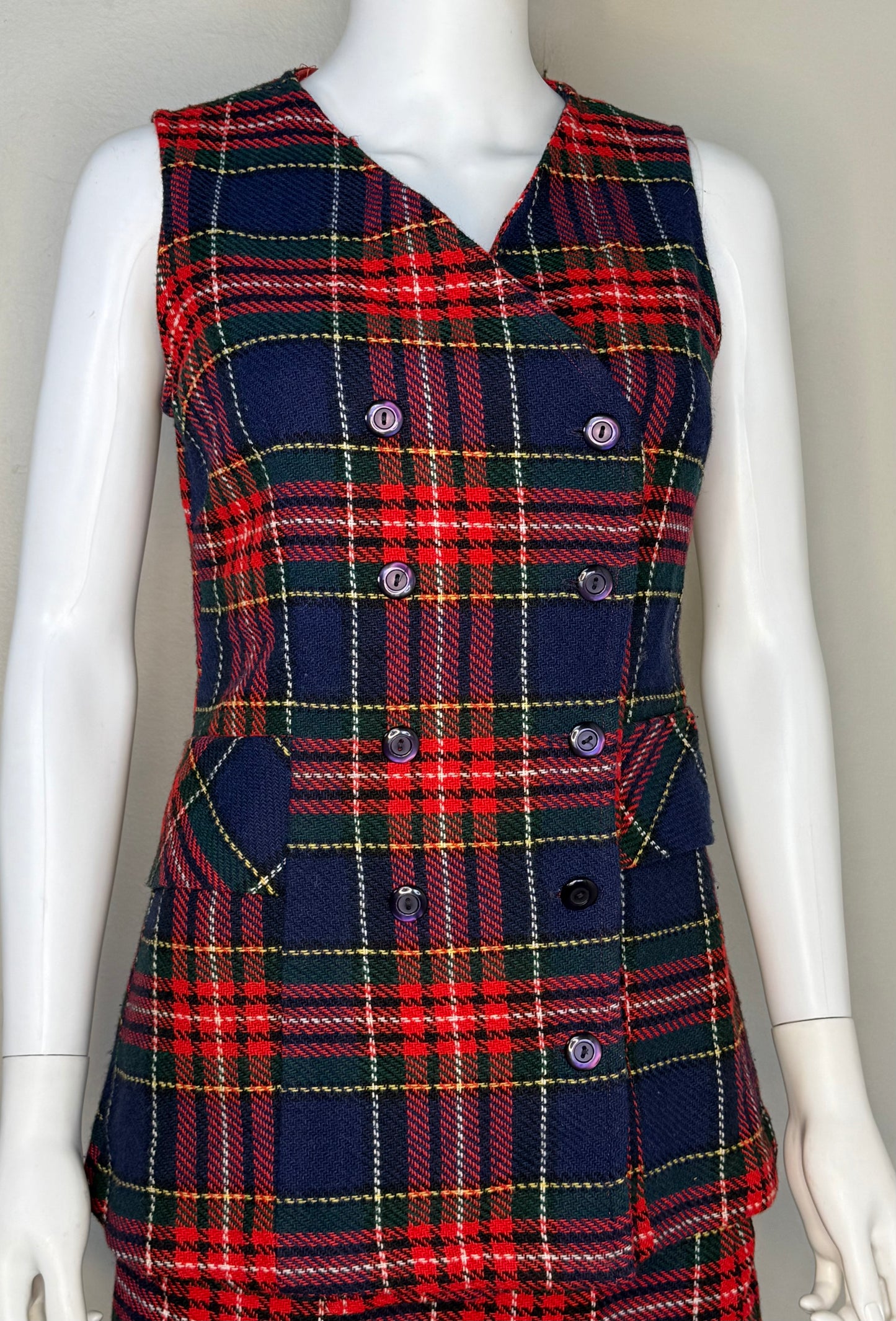 1960s Navy Blue and Red Plaid Vest and Skirt Set, Handmade Size Small
