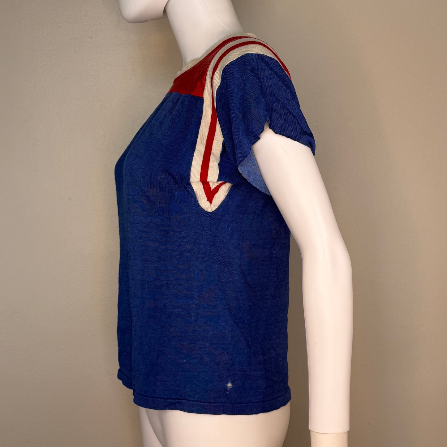1960s Blue and Red Jersey Durene T-Shirt, Size Small, Distressed
