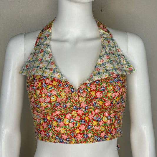 1970s Mixed Floral Floral Halter Top with Collar, De Luxe Fashion Size Small
