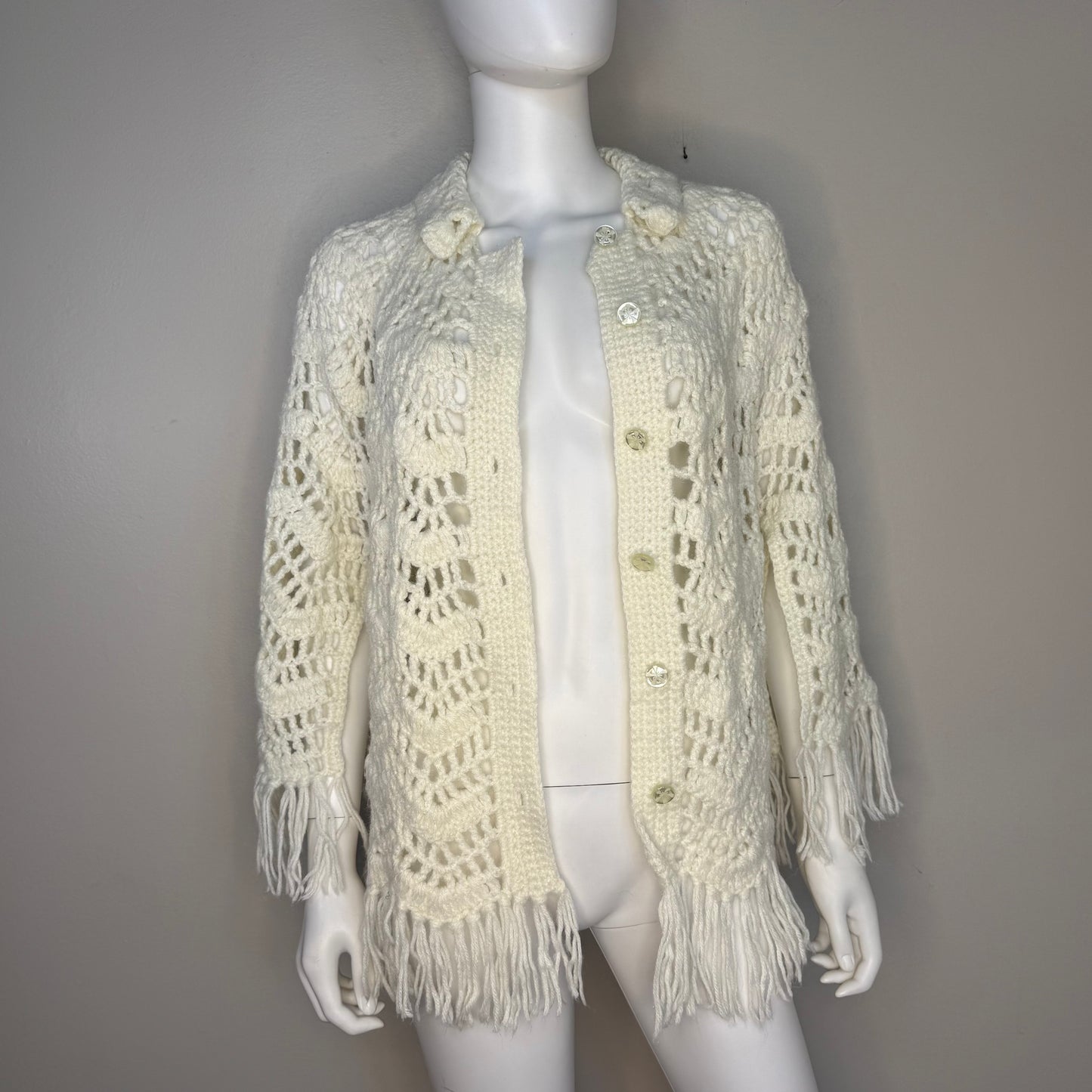 1970s Off White Crochet Cape w/Fringe, Poncho, Button Front Collar Boho Sweater