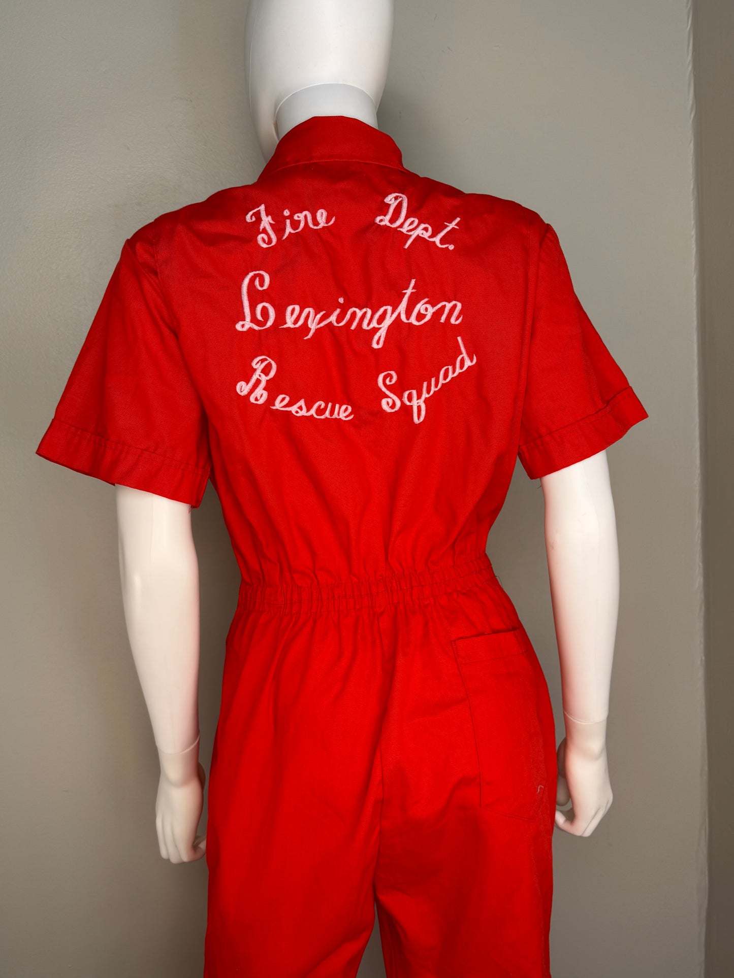 1970s Women’s Coveralls Jumpsuit, Red Short Sleeve, Embroidered, Lexington Fire Dept Rescue Squad, Boiler Suit, S&H Uniforms Size Medium