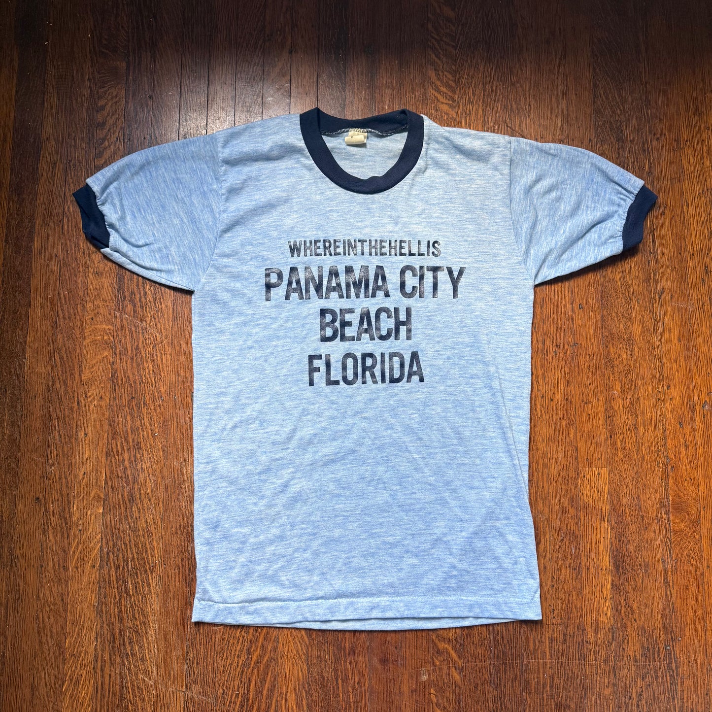 1970s Whereinthehellis Panama City Beach Florida T-Shirt, Allison Size S/M, Blue Ringer Tee