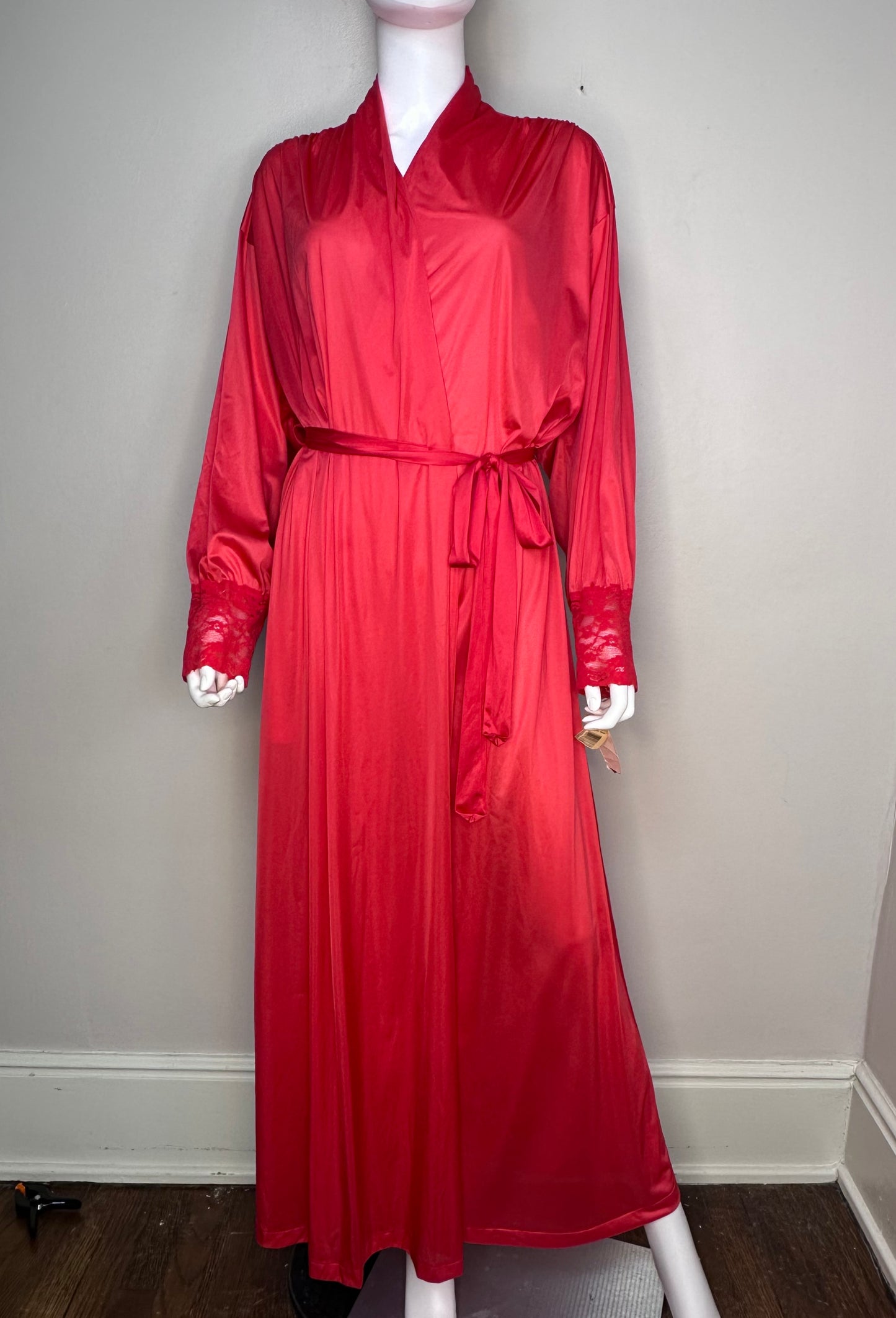 1980s Red Nylon Full Length Robe, Vanity Fair Size Large, Deadstock with Tags