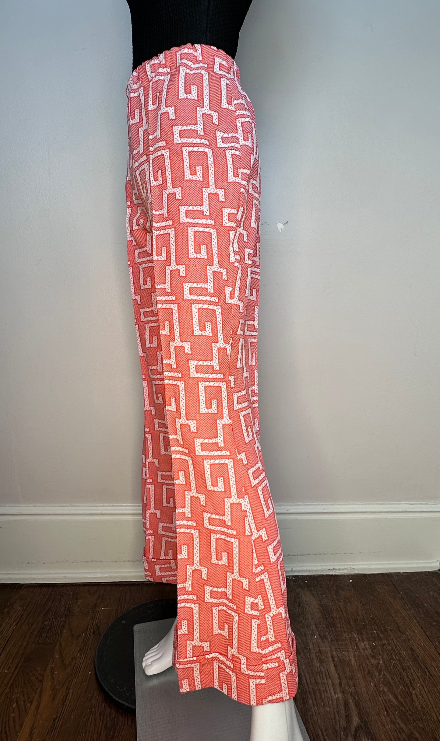 1970s Funky Orange Geometric Design Bellbottom Polyester Pants, Size Small-Medium, Elastic Waist