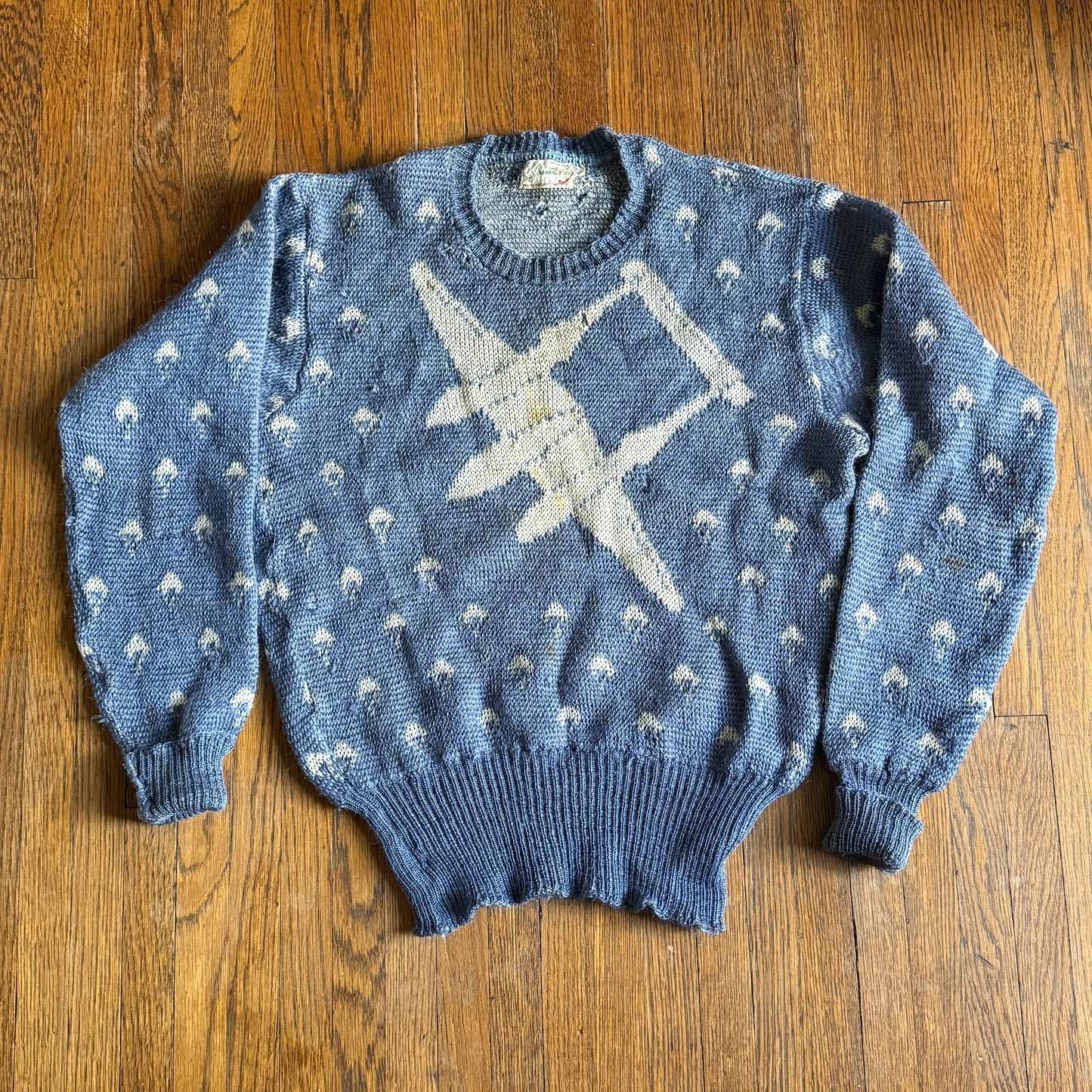1940s Jantzen P-38 Sweater, Blue, Size 40, WW2 Fighter Jet Plane Novelty Knit