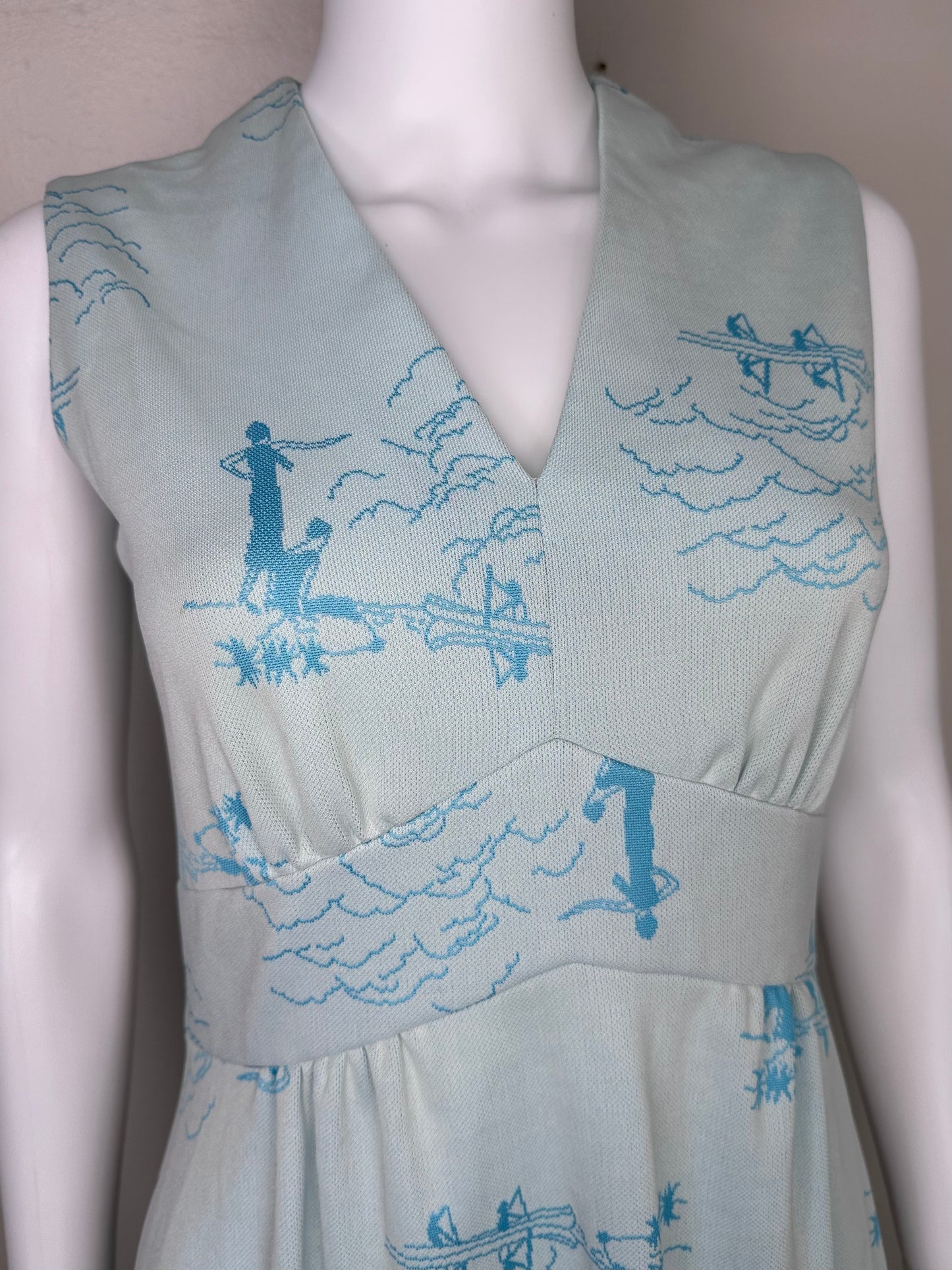 1970s Novelty Knit Maxi Dress, Leslie Faye Knits Size Small, Trevira Star, 1920s Flappers Canoeing