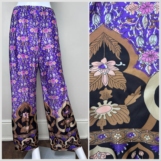 1970s Purple Floral Border Print Wide Leg Pants, Size Small-Medium