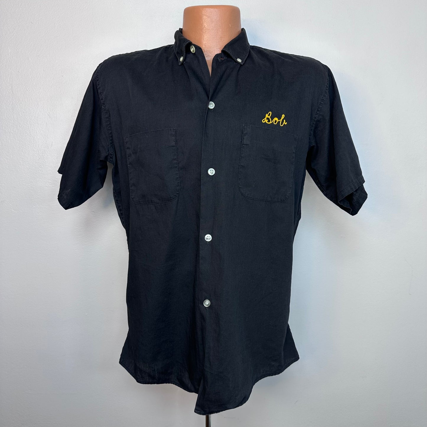 1960s Black Bowling Shirt, Size Medium, Central Drugs Kingsville Texas, Chain Stitching, Yellow Flocked