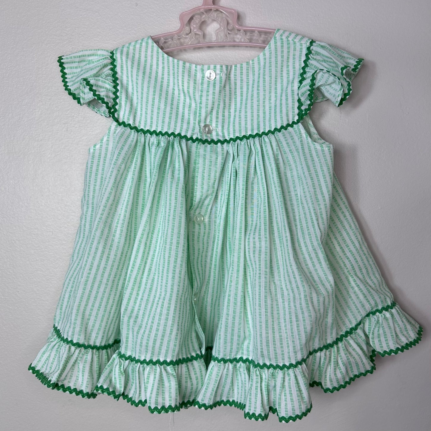 1970s/80s Green Stripe Pinafore Dress Set, Size 2T, Floral Applique