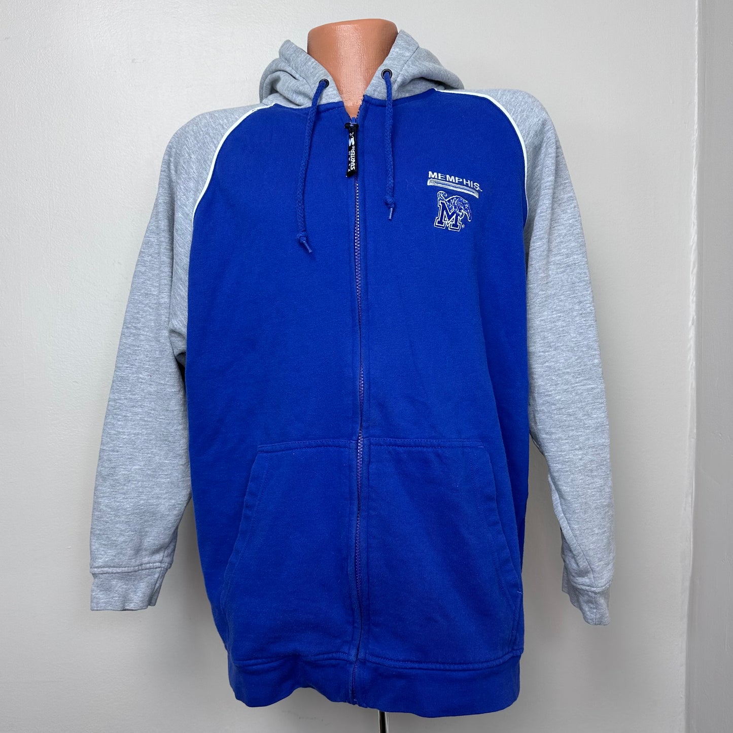 Y2K University of Memphis Zip Up Hooded Sweatshirt, Two Tone, Team Starter Size Large