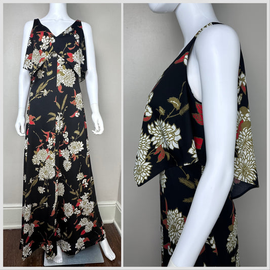 1970s Black and Gold Floral Maxi Dress, Toni Todd Size Small-Medium