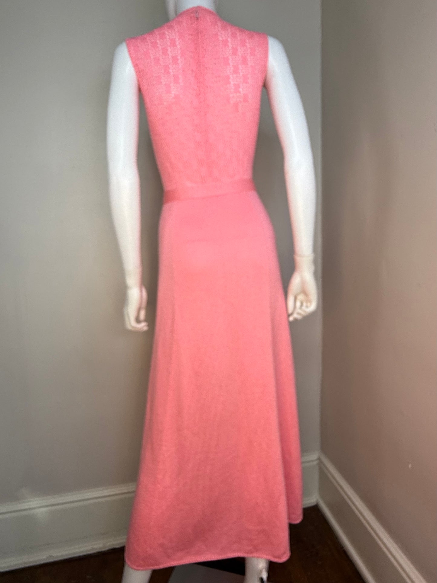 1970s St John Knits Pink Sleeveless Maxi Sweater Dress with Matching Short Sleeve Cardigan and Scarf, Size X-Small