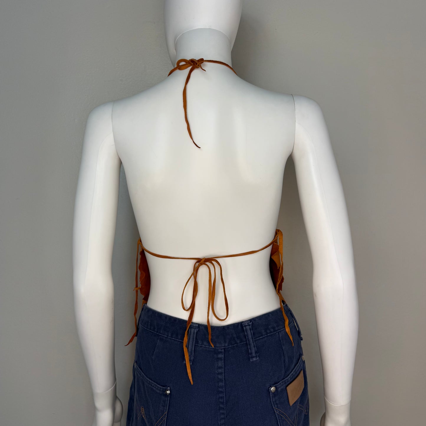 1970s Brown Leather Hide Halter Top, Cropped, Open Back, Handmade Size XS-Small