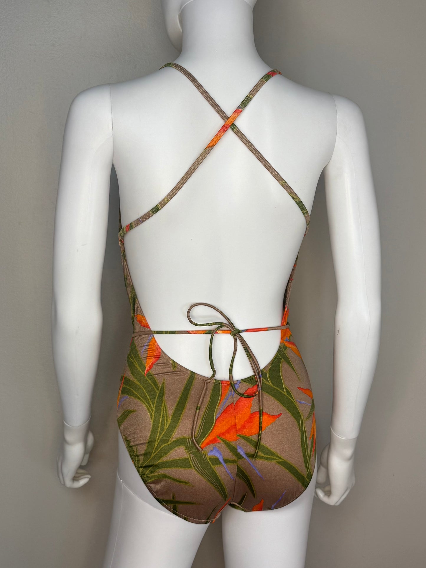 1970s Brown and Orange Floral One Piece Swimsuit, Bobbie Brooks Size XS/Small