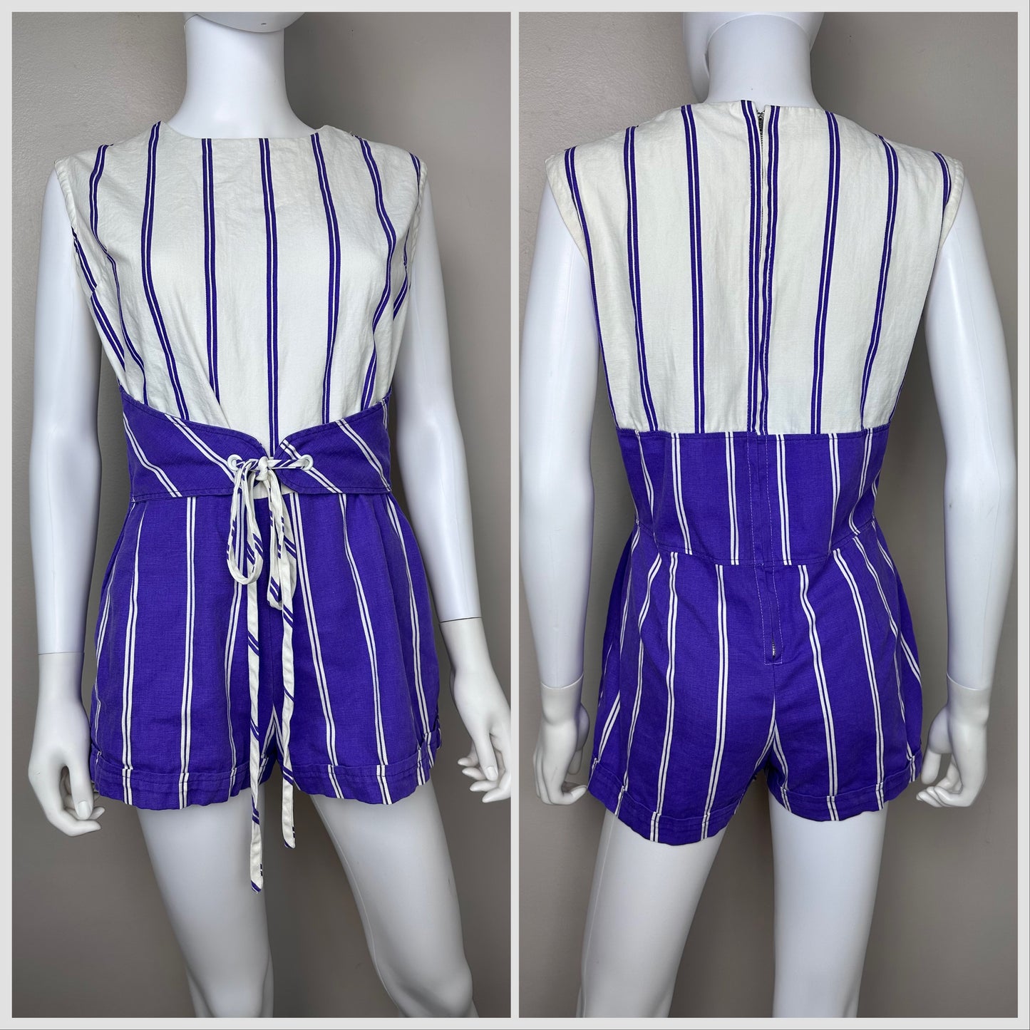 1960s Purple and White Stripe Cotton Romper, Size Medium