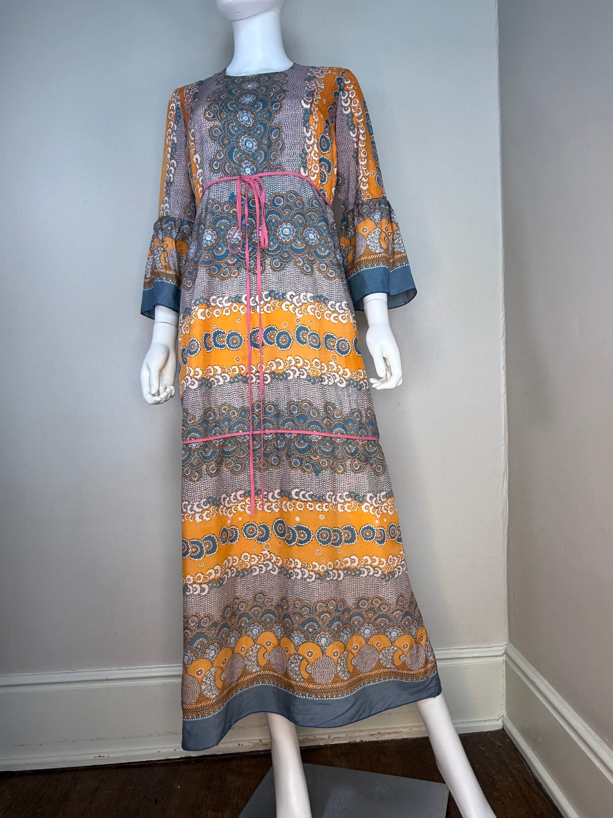 1960s Medallion Stripe Boho Maxi Dress with Bell Sleeves, Tava Model Denmark Size Small