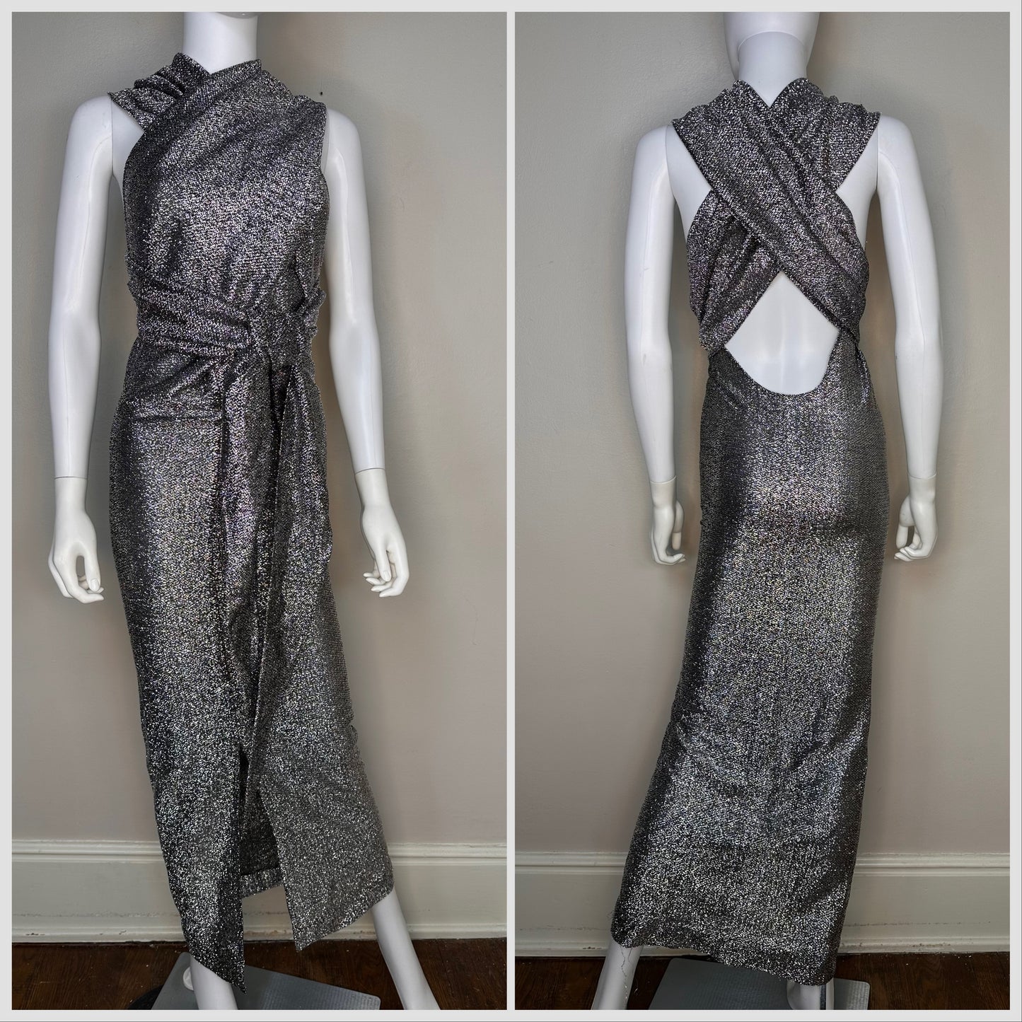 1970s Disco Black and Silver Lurex Convertible Dress Size XXS/XS