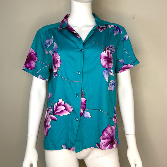 1980s Women’s Hawaiian Shirt, Cotton Blouse, Hilo Hattie Size Large