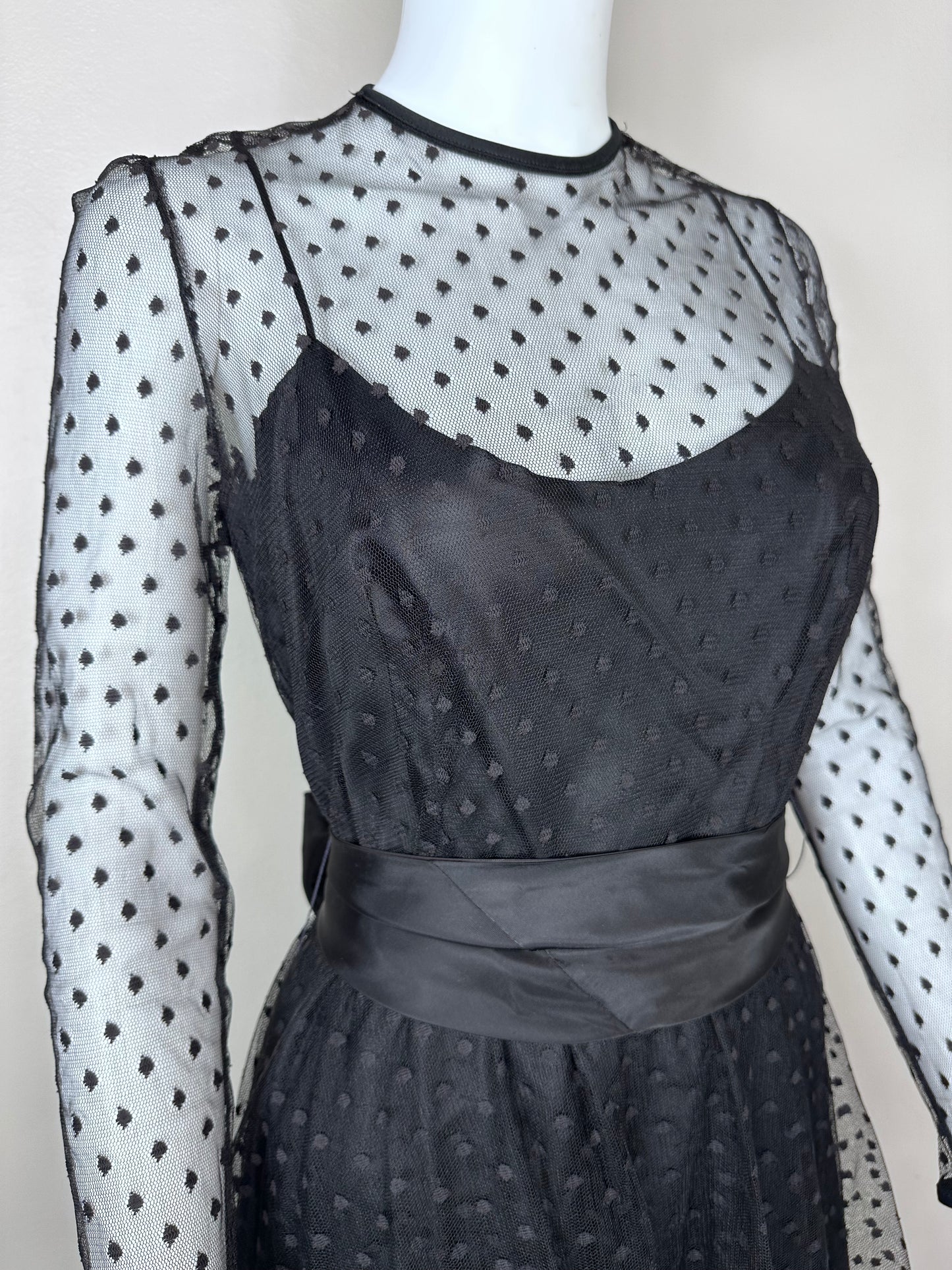 1980s Sheer Black Polka Dot Lace Dress Size Small