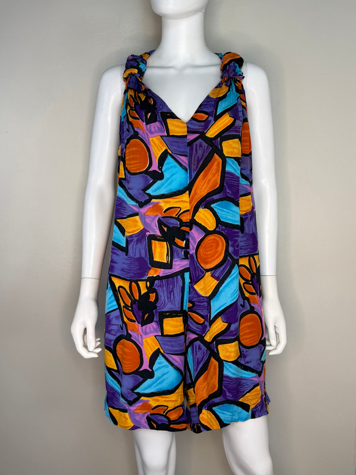 1990s Bright Abstract Print Romper, Sleeveless, One Size Fits Many
