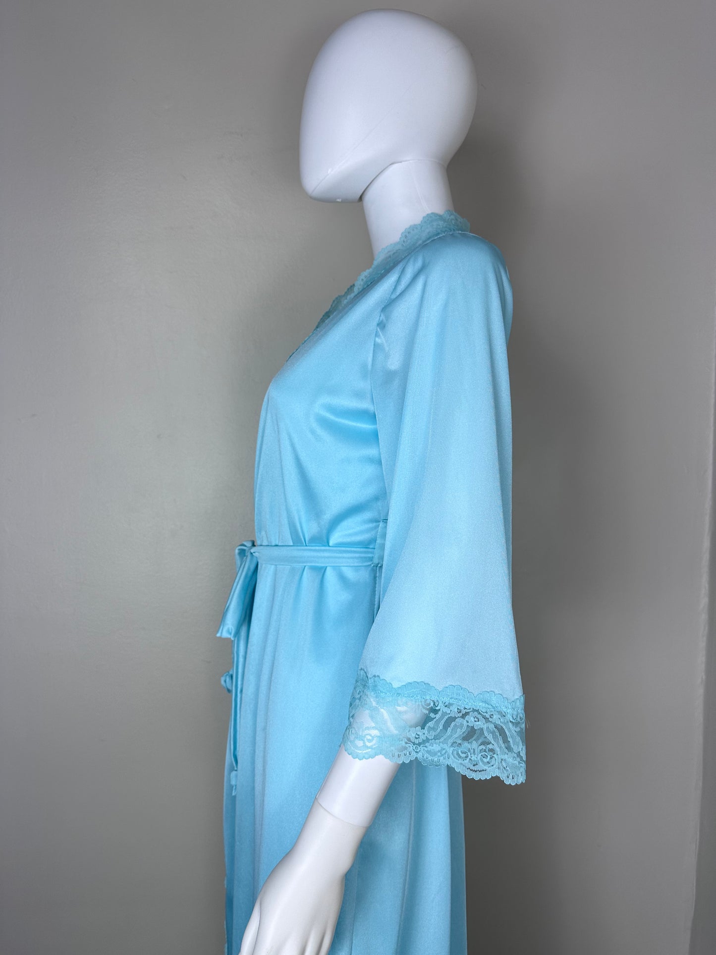 1970s Full Length Blue Peignoir Set, Size Medium, Nightgown and Robe