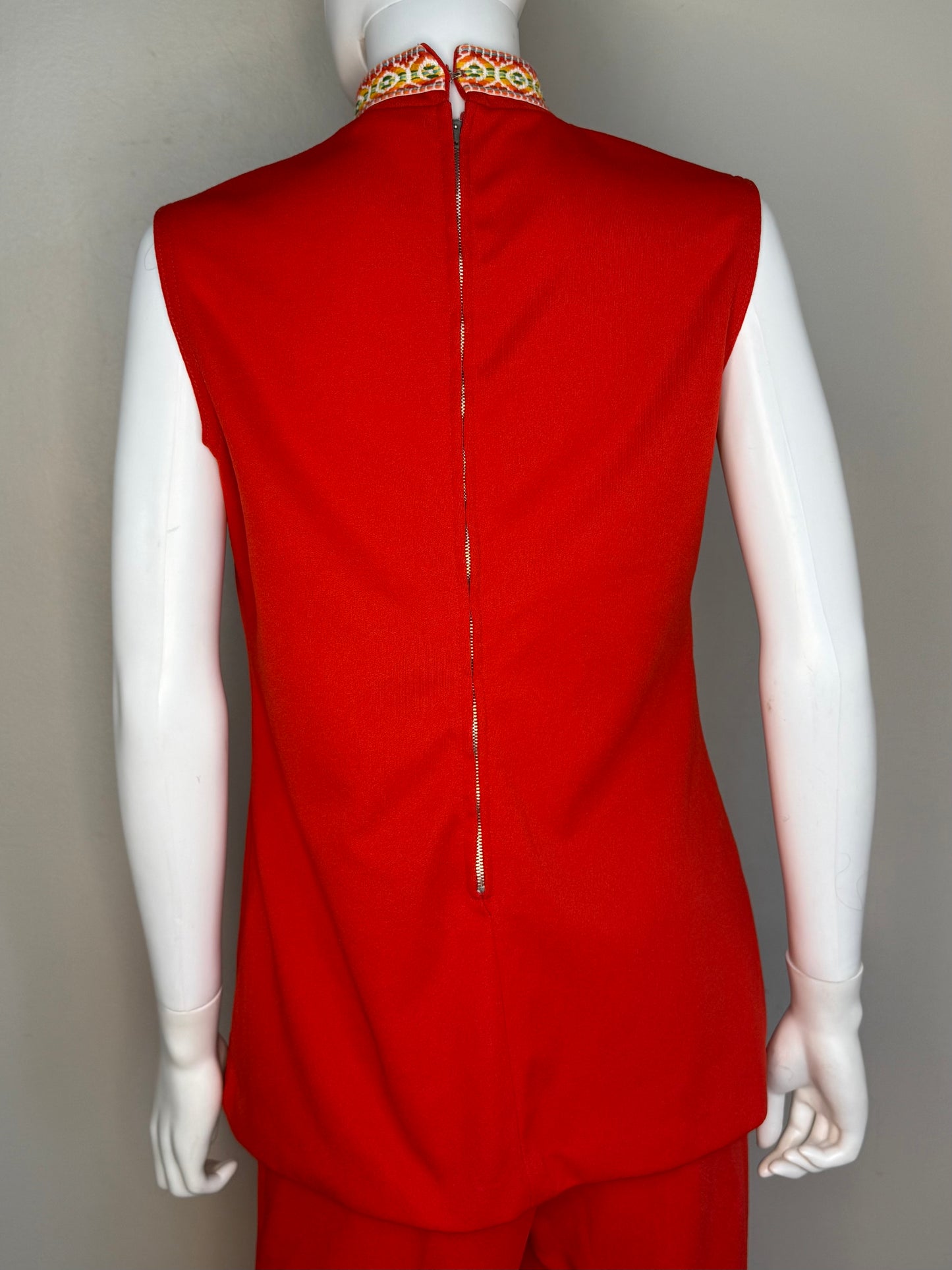 1960s/70s Mod Red Pant Suit, Sleeveless Top and Pants, Polyester Double Knit with Rainbow Trim, Size Medium