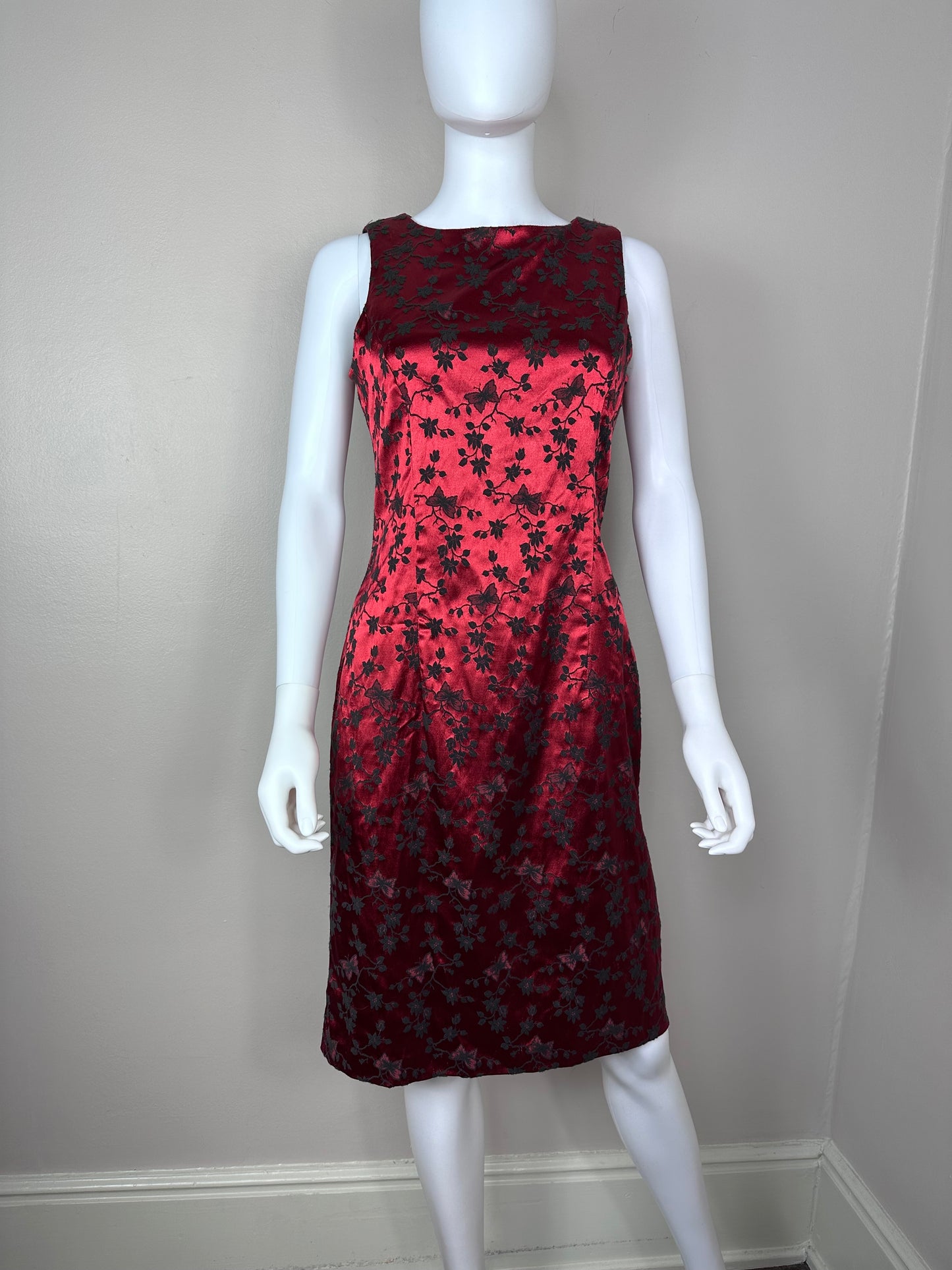 1990s Red Satin Dress, Jessica Howard Petite Size Small-Medium, Flocked Floral with Butterflies