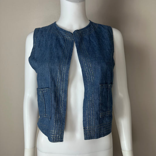 1970s Denim Vest with Gold Metallic Thread Accents, Size X-Small