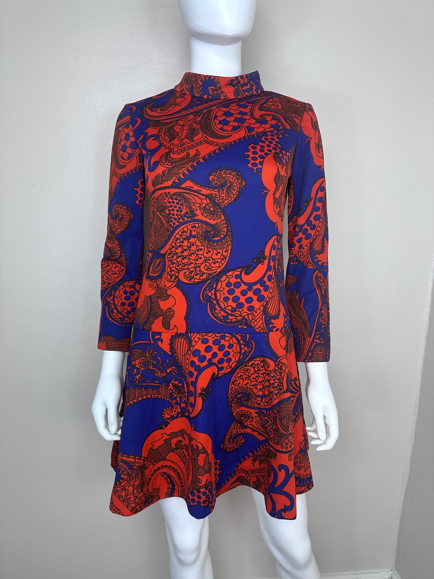 1960s Psychedelic Paisley Print Mod Mini Dress, Drop Waist, Parfait Originals Size Small