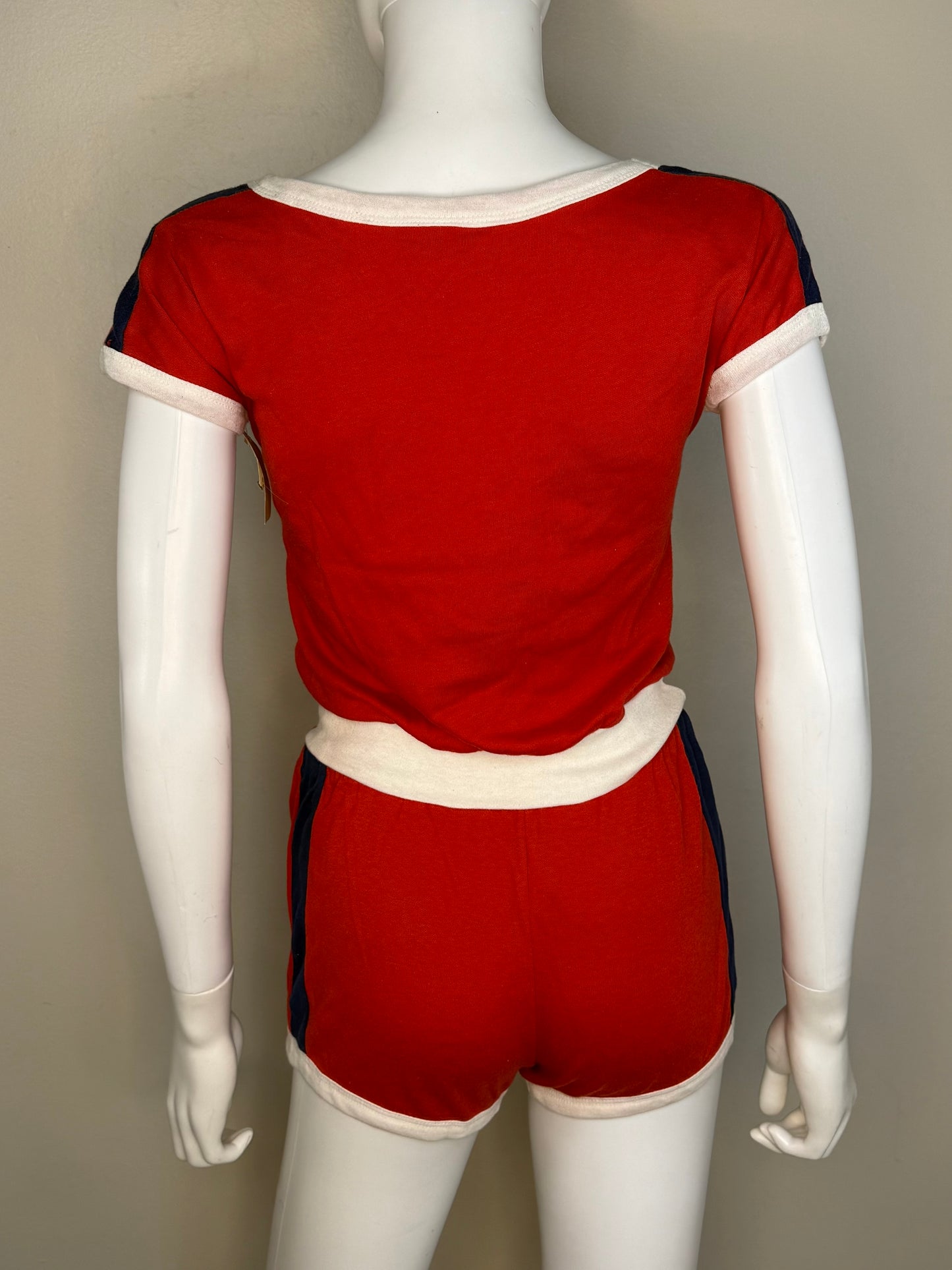 1970s/80s Red Knit Top and Shorts Set with Blue and White Stripes, Size XS-Small, Deadstock