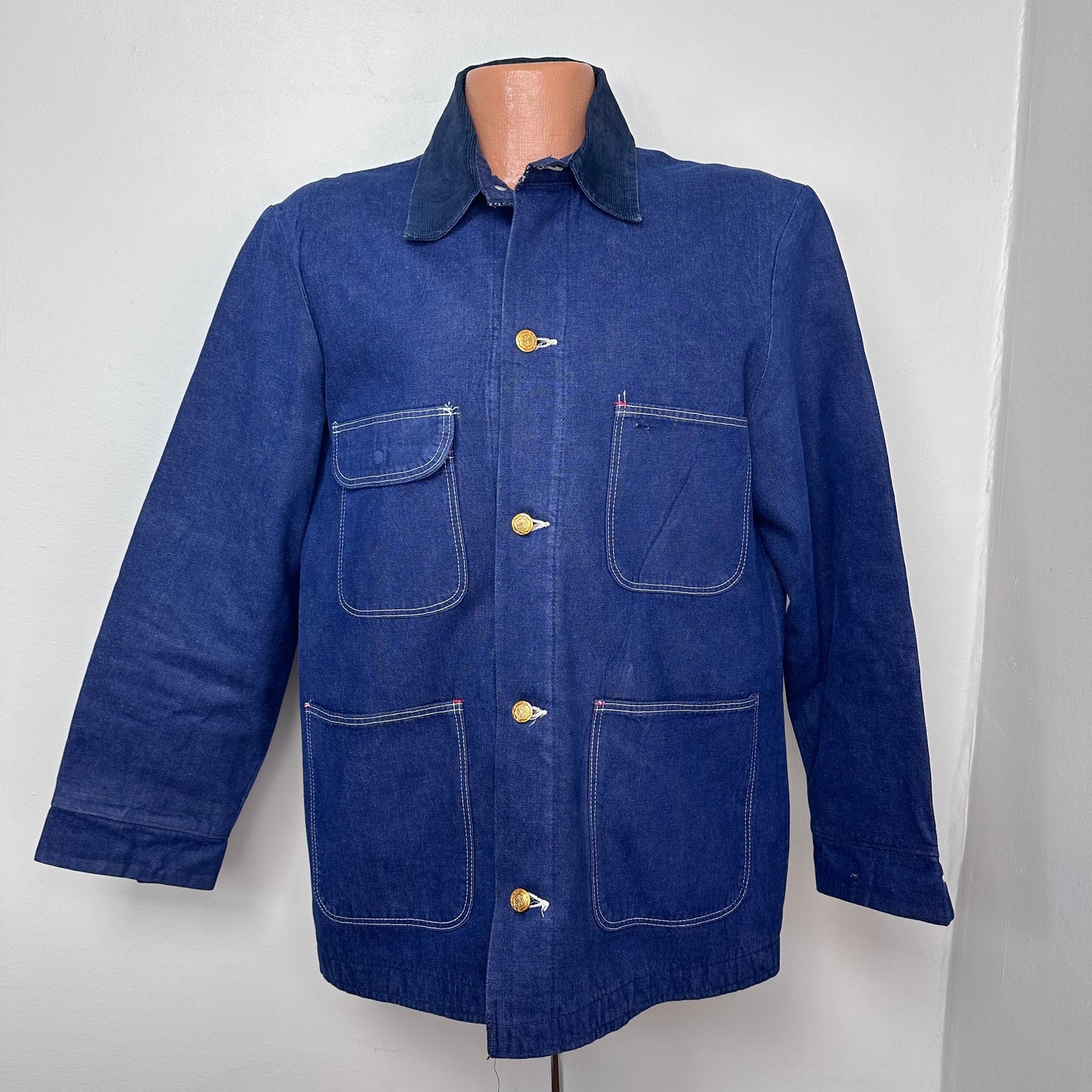 1970s Denim Chore Coat, Blanket Lined Jacket, Wrangler Big Ben Size Large, Corduroy Collar