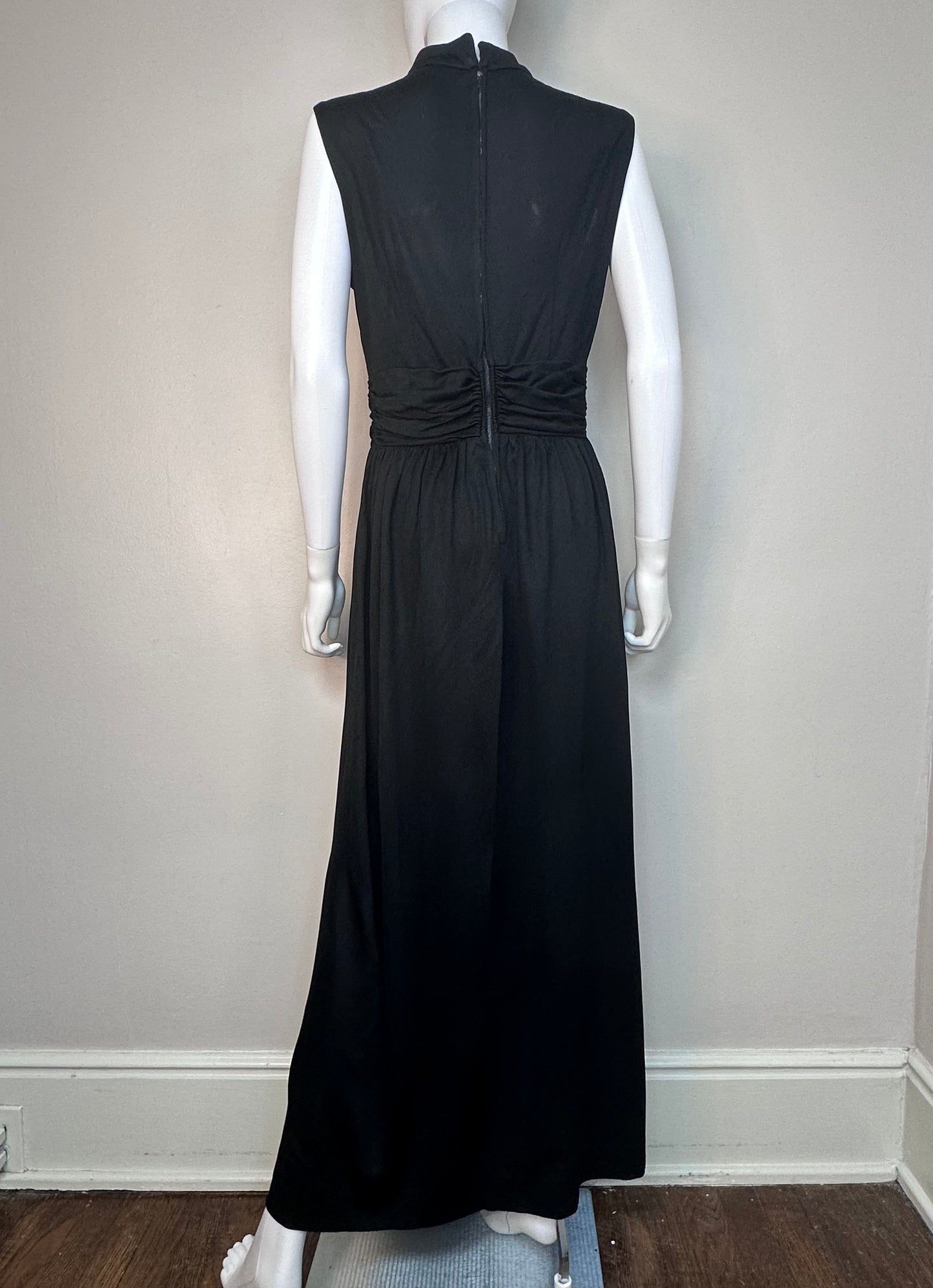 1970s Black Sleeveless Maxi Dress with Rhinestone Buckle, Size Medium