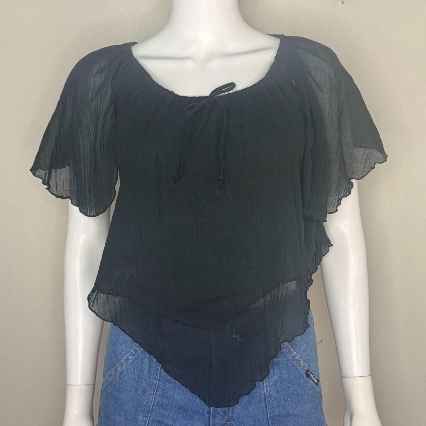 1970s Sheer Black Boho Top, Byer California Size Medium, Handkerchief Hem