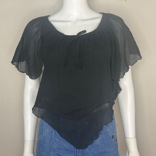 1970s Sheer Black Boho Top, Byer California Size Medium, Handkerchief Hem
