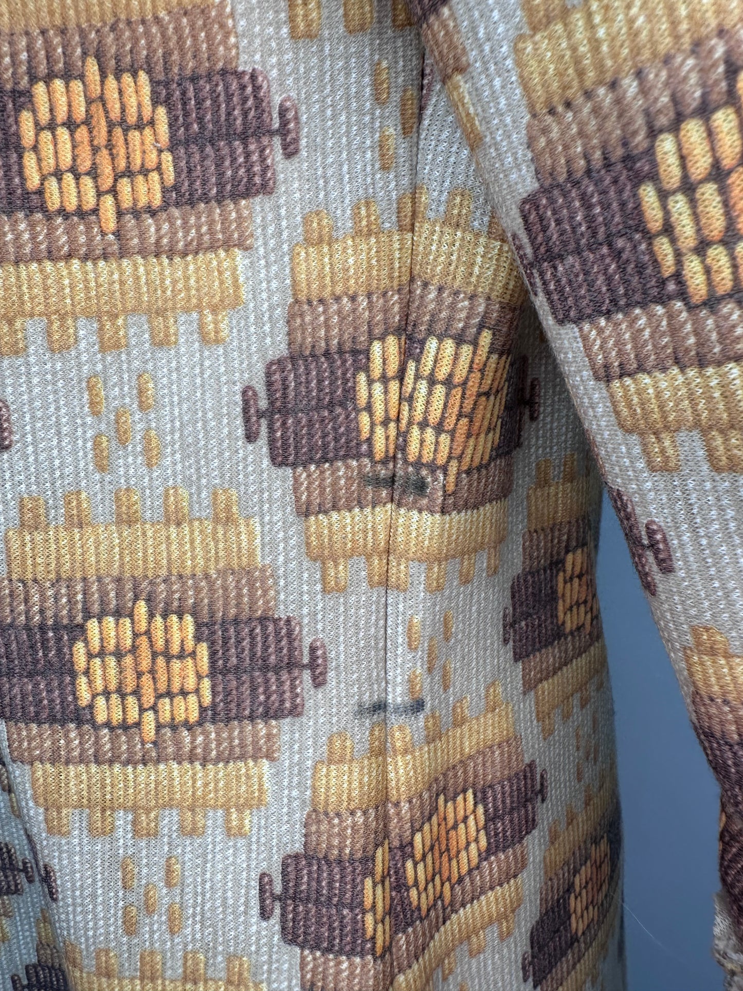 1970s Geometric Print Dress with Wide Belt, Size Medium, Yellow and Brown