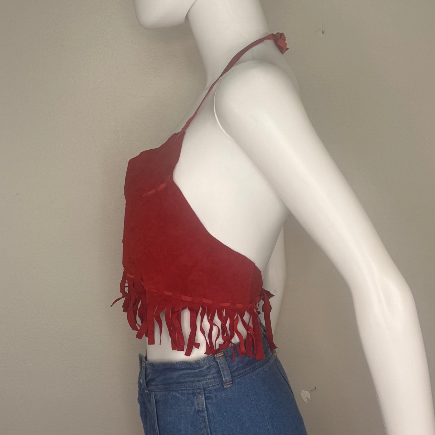 1970s Red Leather Halter Top with Fringe, Cropped, Lace Up Corset Bust, Open Back, Size XS/S