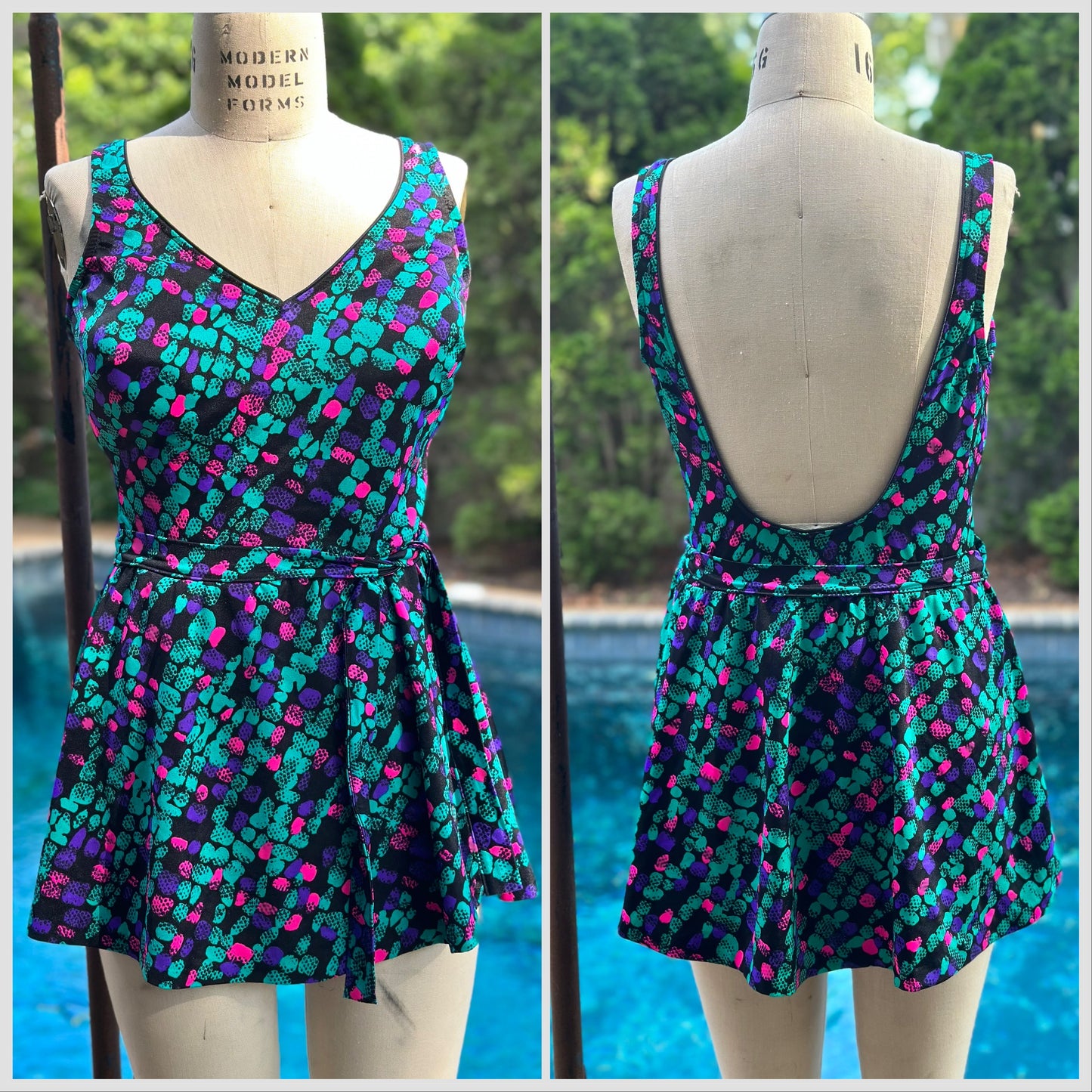 1970s/80s Bright Spots Skirted Swimsuit, Mainstream Modest One Piece, Size Medium-Large