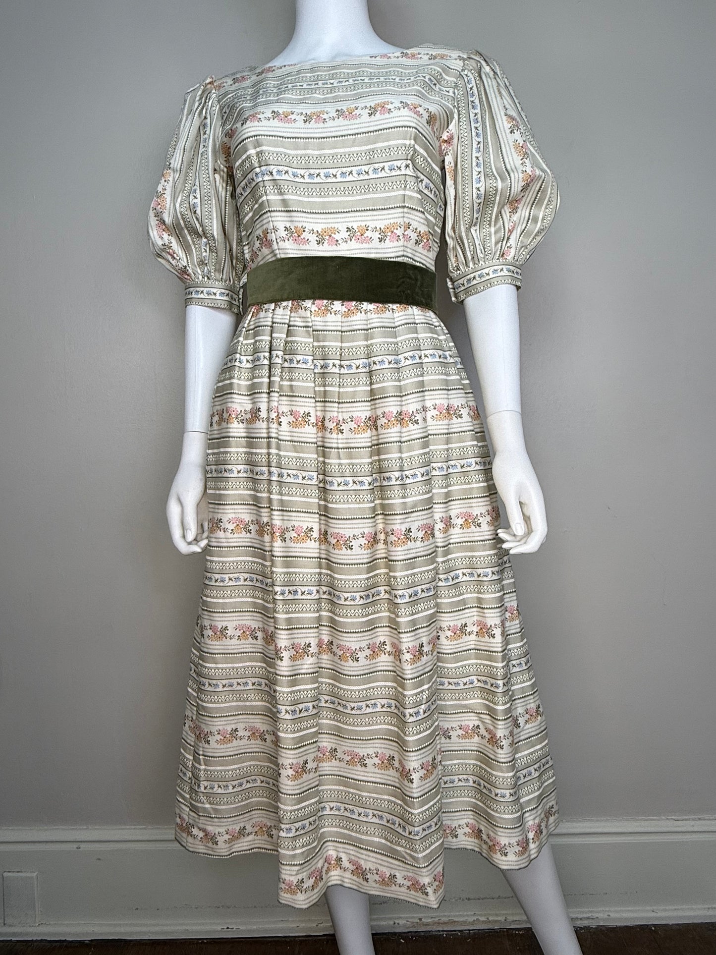 1970s/80s Floral Stripe Dress with Big Puff Sleeves, Lanz Size Small