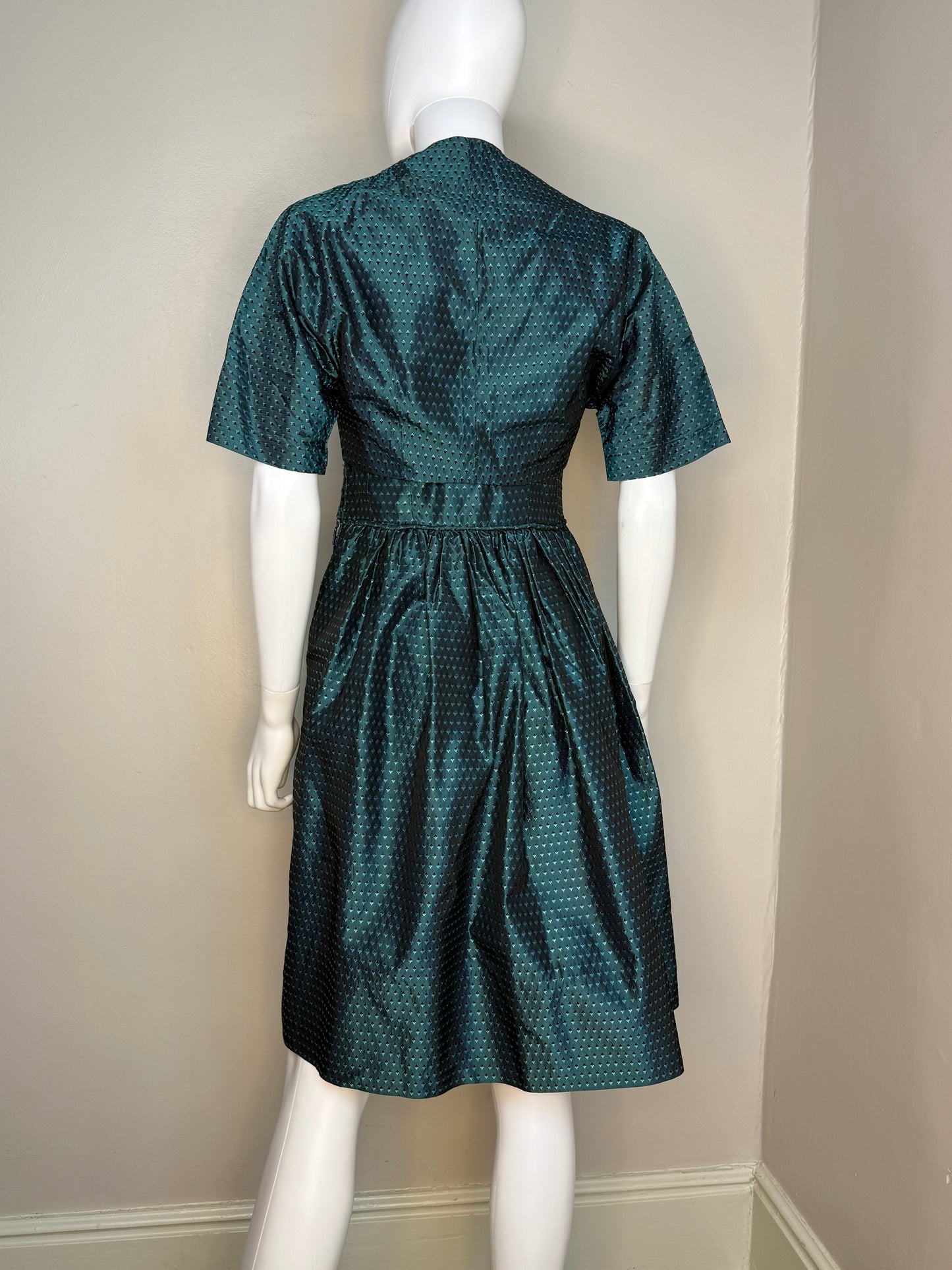 1950s Teal Green Taffeta Dress and Bolero Set, Handmade Size Small