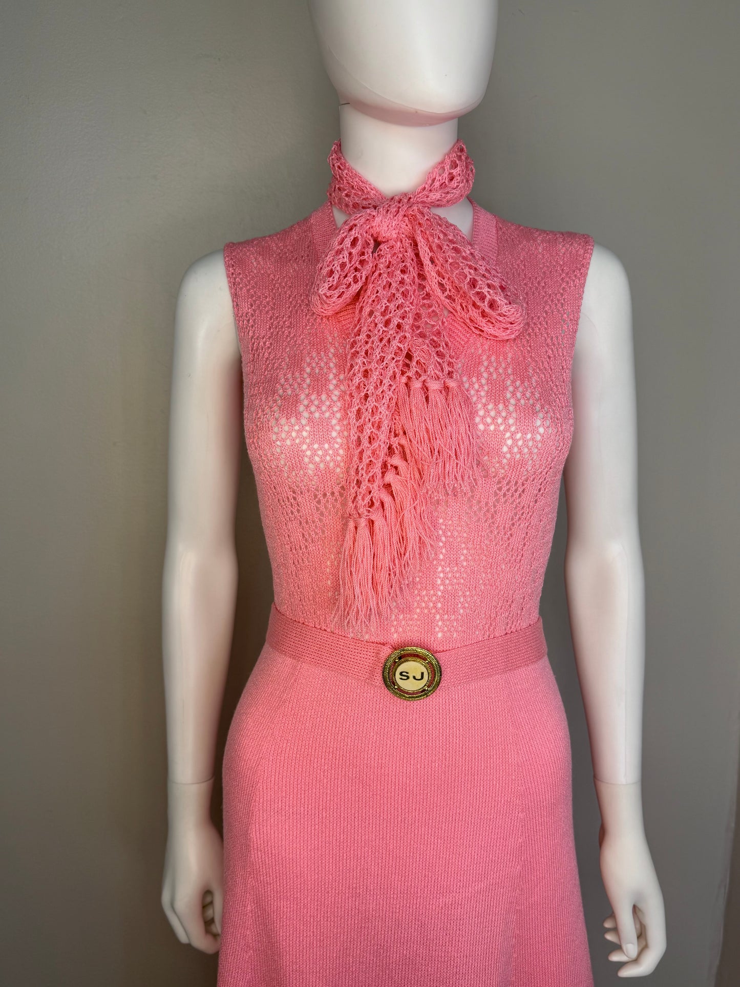 1970s St John Knits Pink Sleeveless Maxi Sweater Dress with Matching Short Sleeve Cardigan and Scarf, Size X-Small
