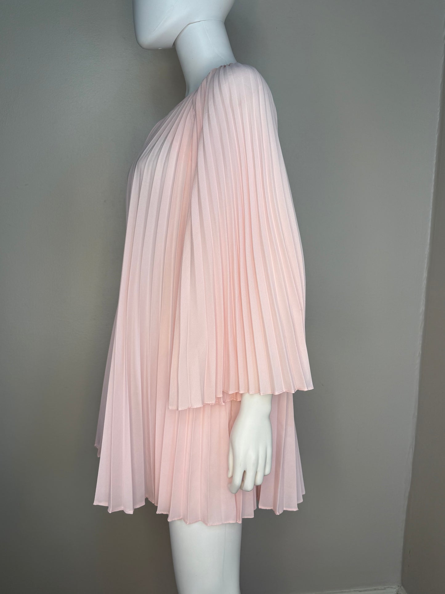 1960s Pastel Pink Pleated Mini Dress and Palazzo Pants Set, Bell Sleeves, Extra Wide Legs, Size XS-Small