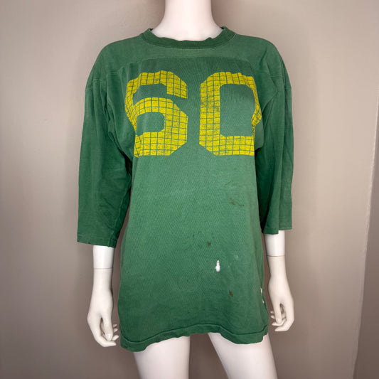 1950s Green Cotton Jersey T-Shirt, Large Yellow Grid Number 60, Champion Knitwear Size 42