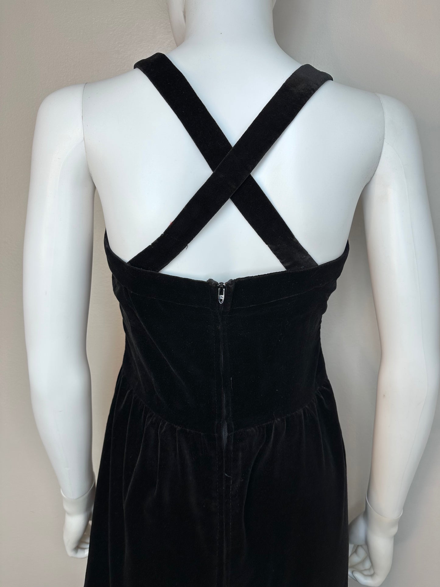 1960s Black Velvet Sleeveless Maxi Dress, Lanz Size XS