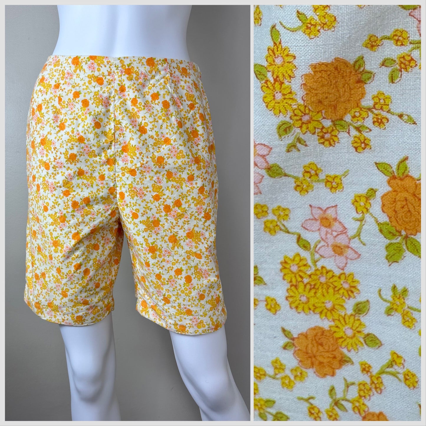 1960s Orange Floral Shorts, Size XS, Side Zipper